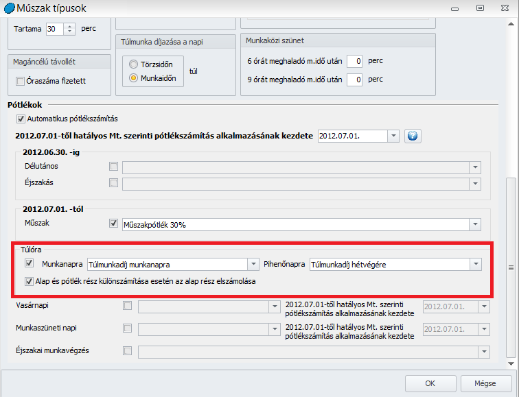 Túlmunka pótlék bontása - műszaktípus beállítás