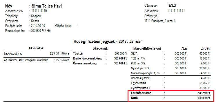 Fizetési jegyzék korrigált nettó nélkül