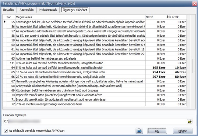 Az Összegek előnézet fülön láthatjuk az Áfa bevallás sorait, melyek az Áfa-gyűjtők segítségével kerültek felöltésre adatokkal