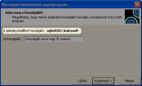 Ha a jelenleg beállított kiszolgálónál \\kulcssoft végű bejegyzést lát, a szoftver a 8-as SQL szerverhez csatlakozik, ha viszont csak a gép nevét látja a jelenleg beállított kiszolgálónál (\\kulcssoft nélkül), akkor a program a 7-es SQL szerverhez csatlakozik. Az \\SQL2005 végű bejegyzés arra utal, hogy valamely szoftvere már a legújabb, 2005-ös SQL szervert használja az adatok tárolására