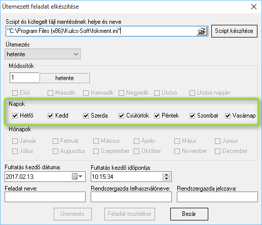Adja meg a módosítókat, jelölje be, hogy mely napokon szeretné futtatni a varázslót