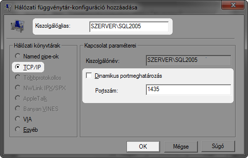 A bal oldali, Hálózati könyvtáraknál kattintsunk a TCP/IP-re, kapcsoljuk ki a dinamikus portmeghatározást, és a felajánlott 1433 értéket írjuk át 1434-re (vagy: 2005-ös SQL szerver használata esetén: 1435-re)