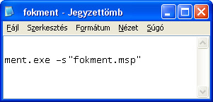 A batch-fájl kézi elkészítéséhez nyissa meg a Start menü / Programok / Kellékek / Jegyzettömb programot, majd írja a következő utasítást egy új dokumentumba: ment.exe -s”fokment.msp”. Kattintson a Fájl menüben található Mentés másként menüpontra és mentse el az új fájlt a C:\\Program Files\\Common Files\\Kulcs-Soft mappába .bat kiterjesztéssel (pl. fokment.bat)