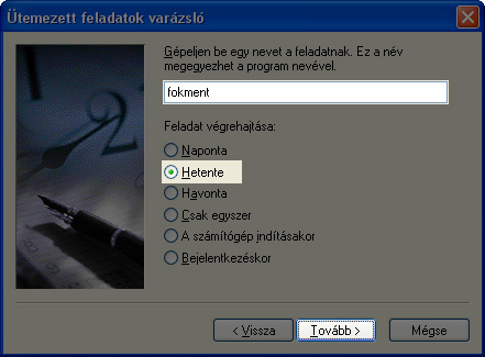 Windows XP-ben a Start menü / Vezérlőpult / Ütemezett feladatoknál adhatja meg, ha pl. hetente szeretne automatikusan adatmentést készíteni a szoftver állományából