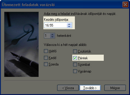 A következő panelen adhatja meg, hogy mely napokon és hány órakor szeretné lefuttatni az adatmentést