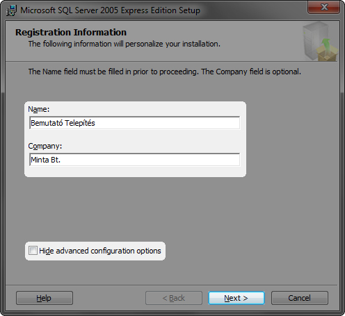 Vegye ki a pipát a Hide advanced configuration options (= haladó konfigurációs lehetőségek elrejtése) elől