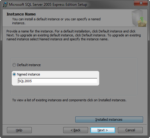 Válassza a Named instance lehetőséget és adja meg a telepíteni kívánt instance nevét, ez legyen SQL2005