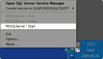 SQL szerver bekapcsolása, válasszuk az MSSQLServer - Start lehetőséget