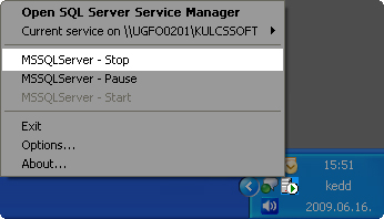 SQL szerver kikapcsolása, válasszuk az MSSQLServer - Stop lehetőséget