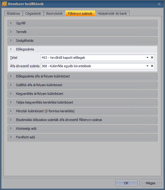 Előlegszámla beállításai