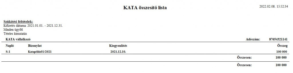 Eltérő számlaérték figyelembe vétele a K102-es bevallás elkészítésekor - KATA összesítő lista