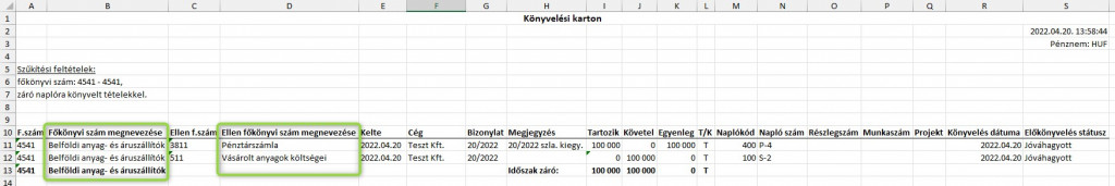 Főkönyvi szám megnevezésének megjelenítése az Excelben