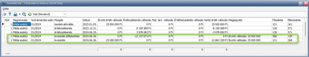 Tranzakciók listáján a Kivezetés megjelenítése