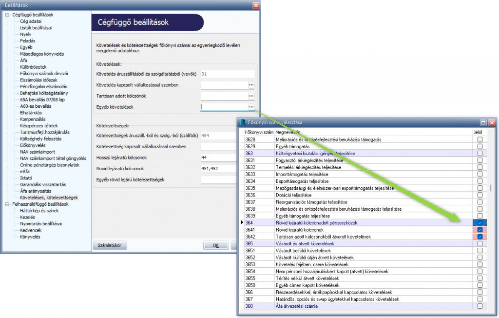 Követelések és kötelezettségek főkönyvi számának kijelölése